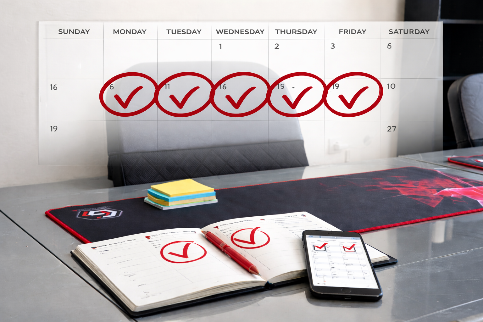Desk4Day fixed days desk booking showing a workspace calendar and laptops, representing advance booking of specific coworking days.