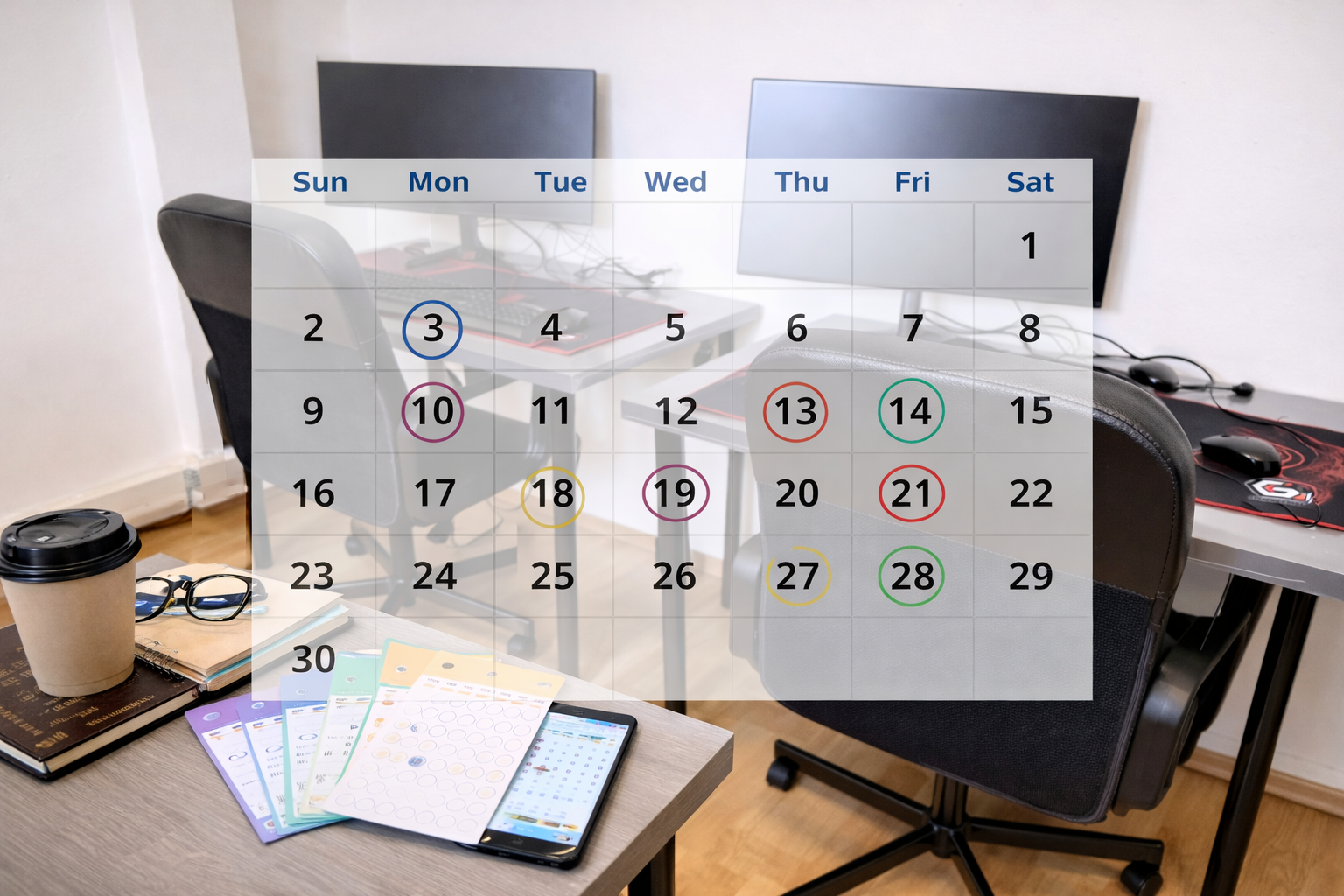 Flexible coworking at Desk4Day showing professionals working at desks alongside a calendar symbolizing easy day-by-day desk booking.